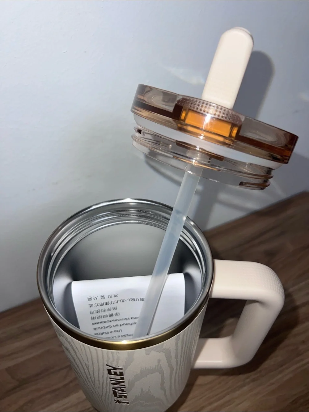 Stanley Cream Woodgrain Quencher Tumbler with Gold Accents